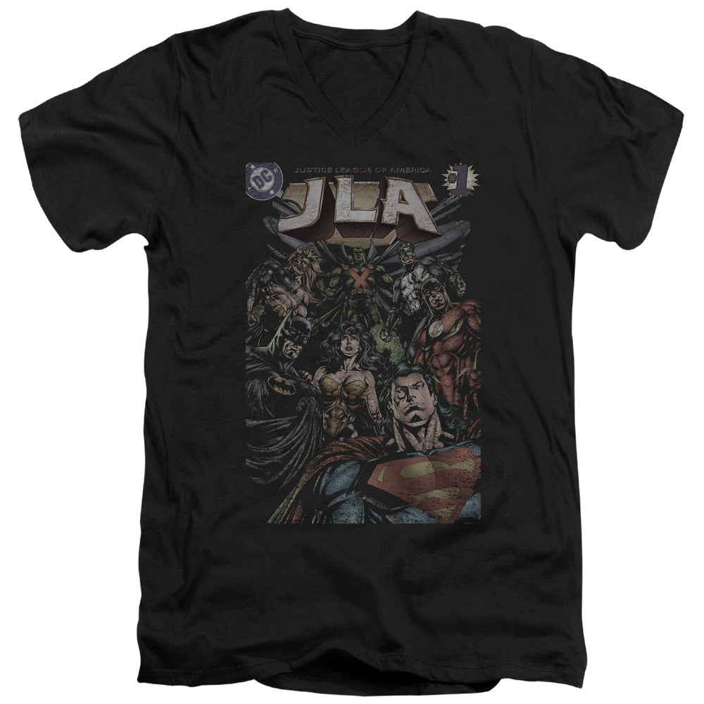 AN OFFCIALLY LICENSED JLA #1 COVER MEN'S V-NECK T-SHIRT BLACK