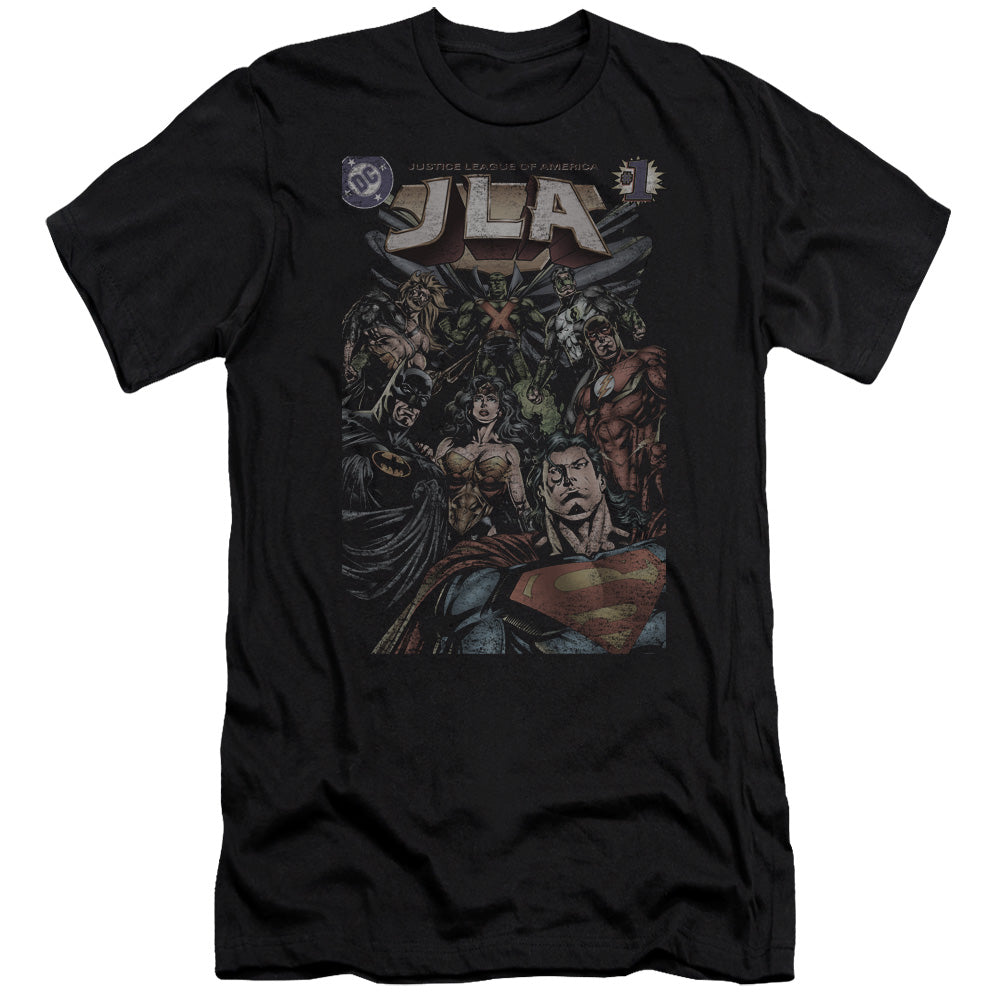 AN OFFCIALLY LICENSED JLA #1 COVER MEN'S PREMIUM SLIM FIT T-SHIRT BLACK