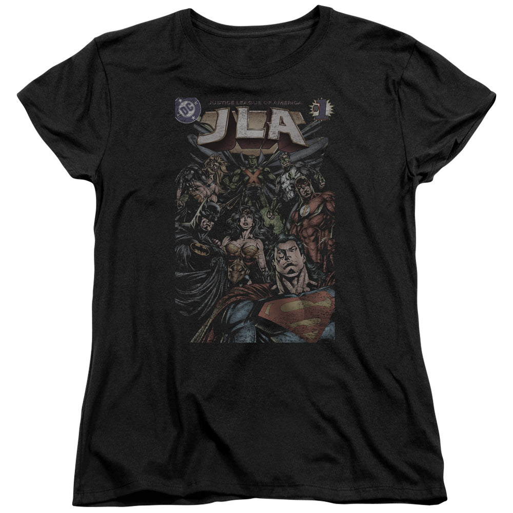 AN OFFCIALLY LICENSED JLA #1 COVER WOMEN'S REGULAR FIT T-SHIRT BLACK