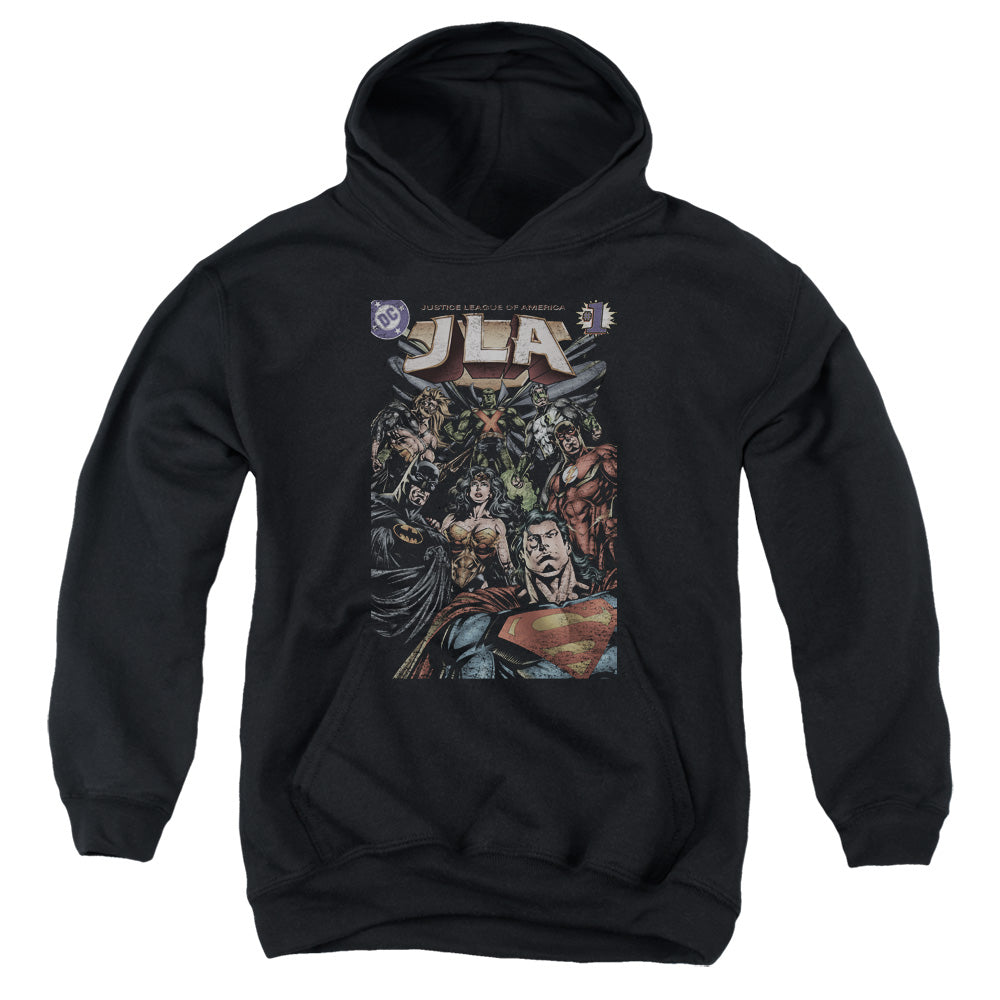 AN OFFCIALLY LICENSED JLA #1 COVER YOUTH HOODIE BLACK