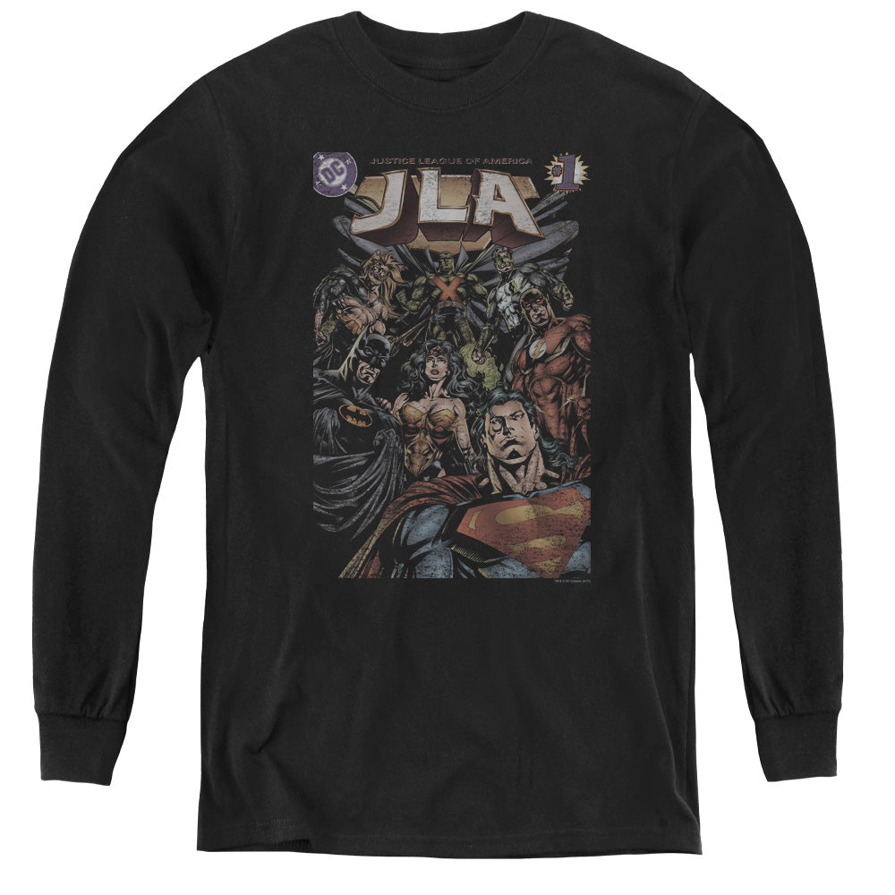 AN OFFCIALLY LICENSED JLA #1 COVER YOUTH LONG SLEEVE T-SHIRT BLACK