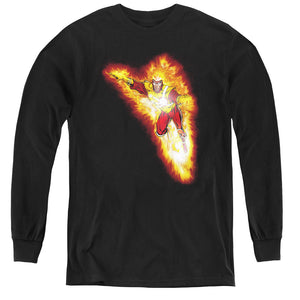 AN OFFCIALLY LICENSED JLA FIRESTORM BLAZE YOUTH LONG SLEEVE T-SHIRT BLACK