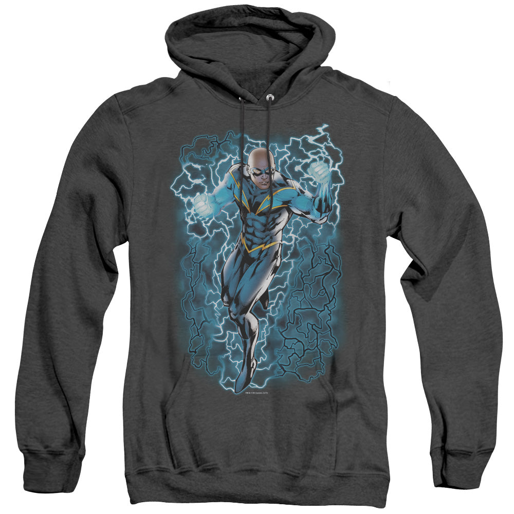 AN OFFCIALLY LICENSED JLA BLACK LIGHTNING BOLTS ADULT UNISEX HEATHER PULLOVER HOODIE BLACK