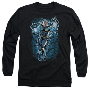 AN OFFCIALLY LICENSED JLA BLACK LIGHTNING BOLTS MEN'S LONG SLEEVE T-SHIRT BLACK