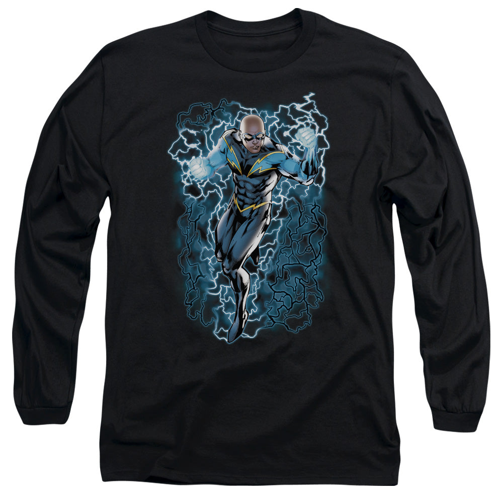AN OFFCIALLY LICENSED JLA BLACK LIGHTNING BOLTS MEN'S LONG SLEEVE T-SHIRT BLACK