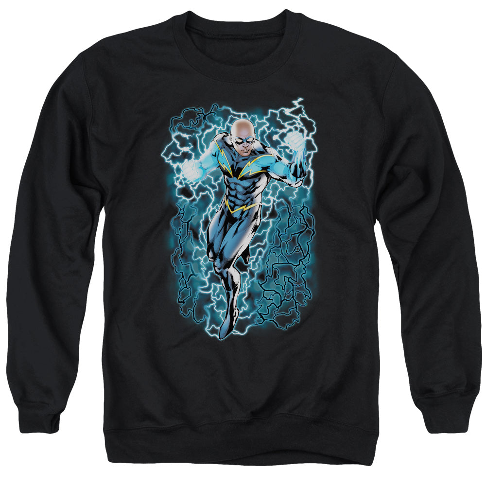 AN OFFCIALLY LICENSED JLA BLACK LIGHTNING BOLTS ADULT UNISEX CREWNECK SWEATSHIRT BLACK