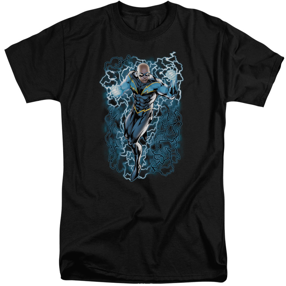 AN OFFCIALLY LICENSED JLA BLACK LIGHTNING BOLTS MEN'S TALL FIT T-SHIRT BLACK