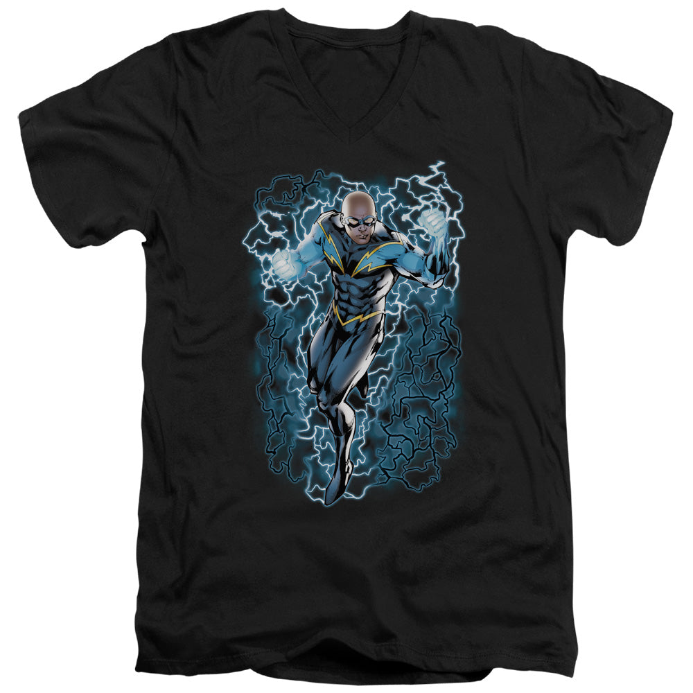AN OFFCIALLY LICENSED JLA BLACK LIGHTNING BOLTS MEN'S V-NECK T-SHIRT BLACK