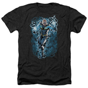 AN OFFCIALLY LICENSED JLA BLACK LIGHTNING BOLTS MEN'S HEATHER T-SHIRT CHARCOAL