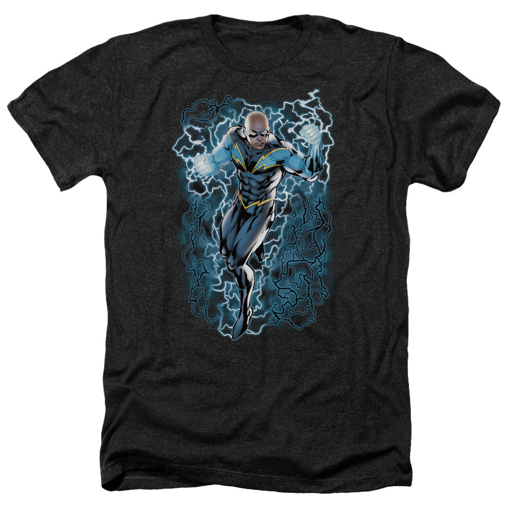 AN OFFCIALLY LICENSED JLA BLACK LIGHTNING BOLTS MEN'S HEATHER T-SHIRT CHARCOAL