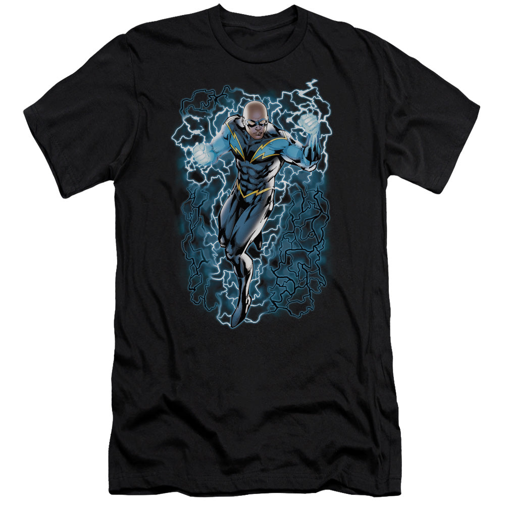 AN OFFCIALLY LICENSED JLA BLACK LIGHTNING BOLTS MEN'S PREMIUM SLIM FIT T-SHIRT BLACK