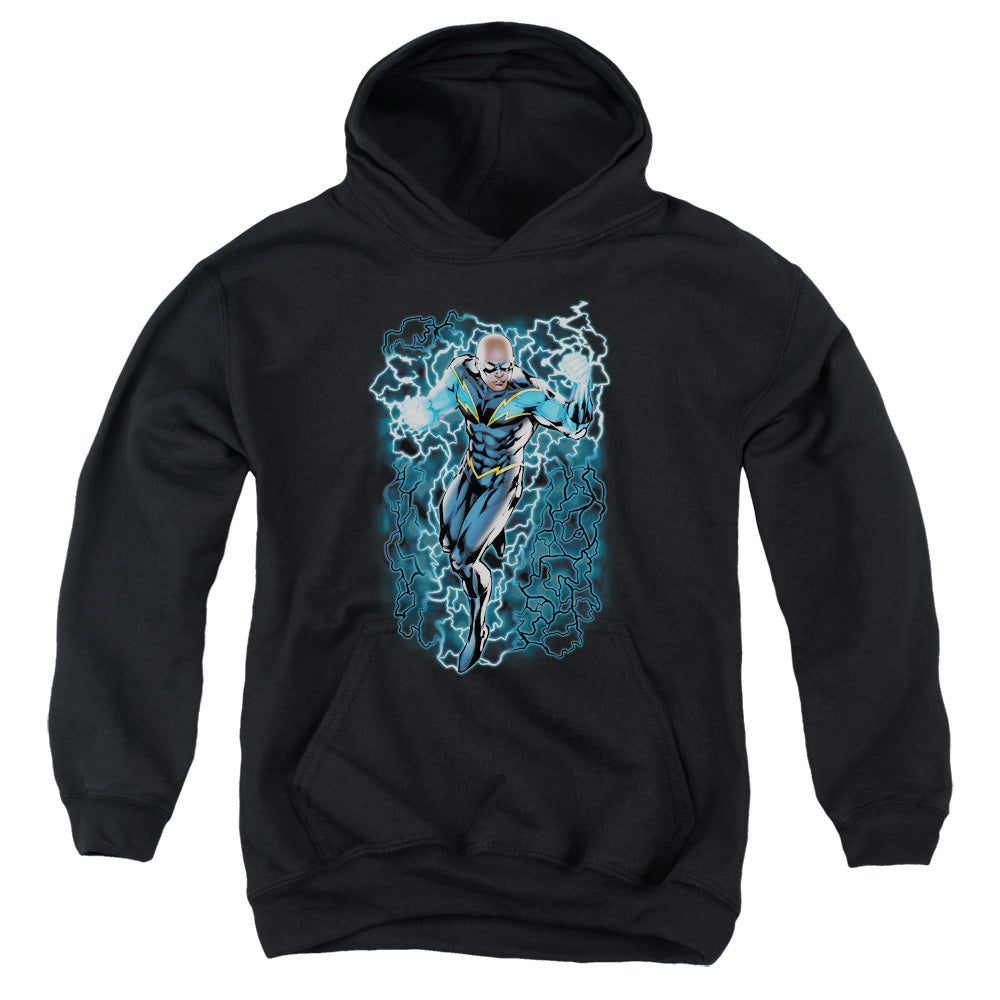 AN OFFCIALLY LICENSED JLA BLACK LIGHTNING BOLTS YOUTH HOODIE BLACK