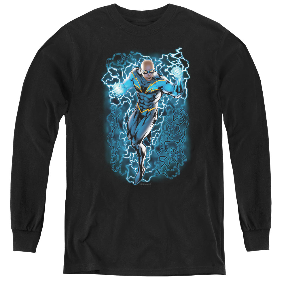 AN OFFCIALLY LICENSED JLA BLACK LIGHTNING BOLTS YOUTH LONG SLEEVE T-SHIRT BLACK
