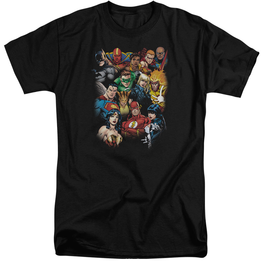 AN OFFCIALLY LICENSED JLA THE LEAGUES ALL HERE MEN'S TALL FIT T-SHIRT BLACK