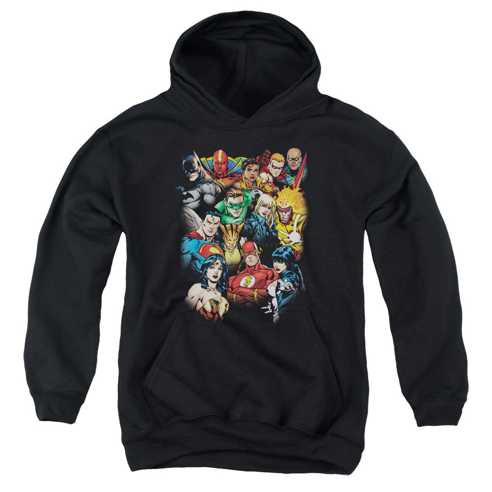 AN OFFCIALLY LICENSED JLA THE LEAGUES ALL HERE YOUTH HOODIE BLACK