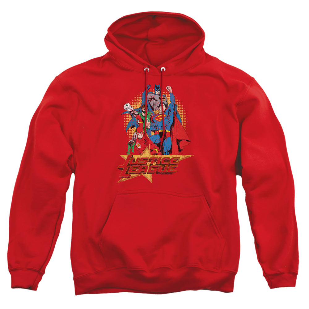 AN OFFCIALLY LICENSED JLA RAISE YOUR FIST ADULT UNISEX PULLOVER HOODIE RED
