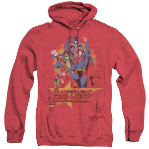 AN OFFCIALLY LICENSED JLA RAISE YOUR FIST ADULT UNISEX HEATHER PULLOVER HOODIE RED
