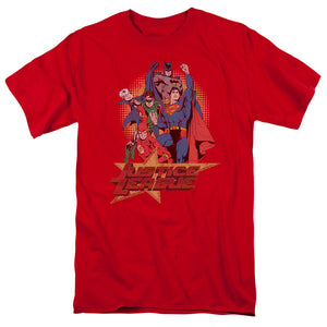 AN OFFCIALLY LICENSED JLA RAISE YOUR FIST MEN'S REGULAR FIT T-SHIRT RED