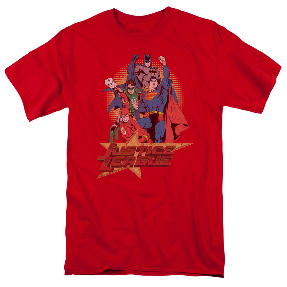 AN OFFCIALLY LICENSED JLA RAISE YOUR FIST MEN'S REGULAR FIT T-SHIRT RED