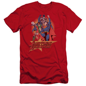AN OFFCIALLY LICENSED JLA RAISE YOUR FIST MEN'S PREMIUM SLIM FIT T-SHIRT RED