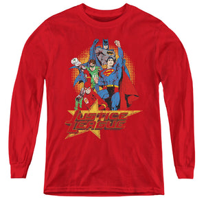 AN OFFCIALLY LICENSED JLA RAISE YOUR FIST YOUTH LONG SLEEVE T-SHIRT RED