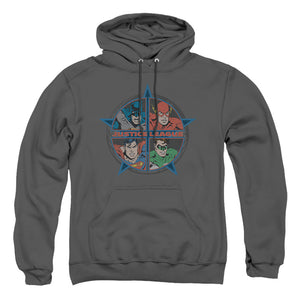 AN OFFCIALLY LICENSED JLA FOUR HEROES ADULT UNISEX PULLOVER HOODIE CHARCOAL