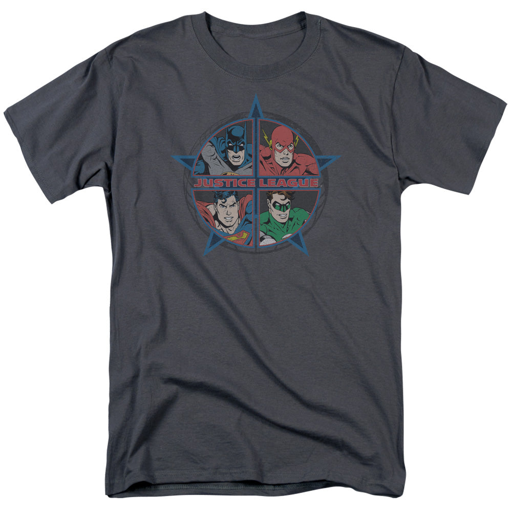 AN OFFCIALLY LICENSED JLA FOUR HEROES MEN'S REGULAR FIT T-SHIRT CHARCOAL