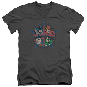 AN OFFCIALLY LICENSED JLA FOUR HEROES MEN'S V-NECK T-SHIRT CHARCOAL