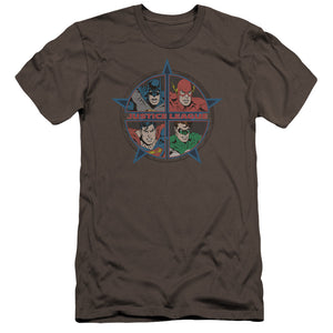 AN OFFCIALLY LICENSED JLA FOUR HEROES MEN'S PREMIUM SLIM FIT T-SHIRT CHARCOAL
