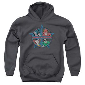 AN OFFCIALLY LICENSED JLA FOUR HEROES YOUTH HOODIE CHARCOAL