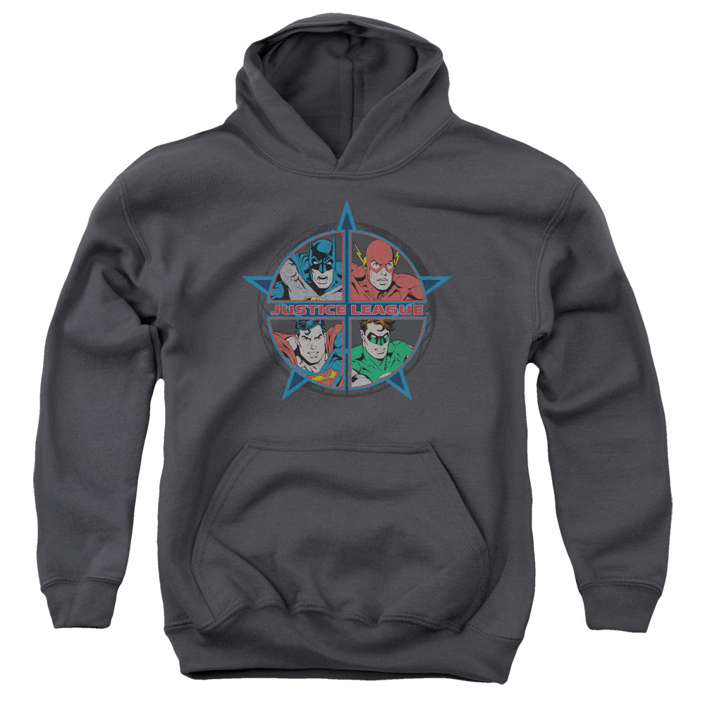 AN OFFCIALLY LICENSED JLA FOUR HEROES YOUTH HOODIE CHARCOAL