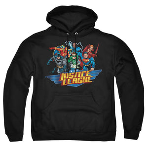 AN OFFCIALLY LICENSED JLA READY TO FIGHT ADULT UNISEX PULLOVER HOODIE BLACK