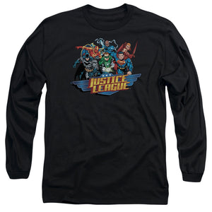 AN OFFCIALLY LICENSED JLA READY TO FIGHT MEN'S LONG SLEEVE T-SHIRT BLACK