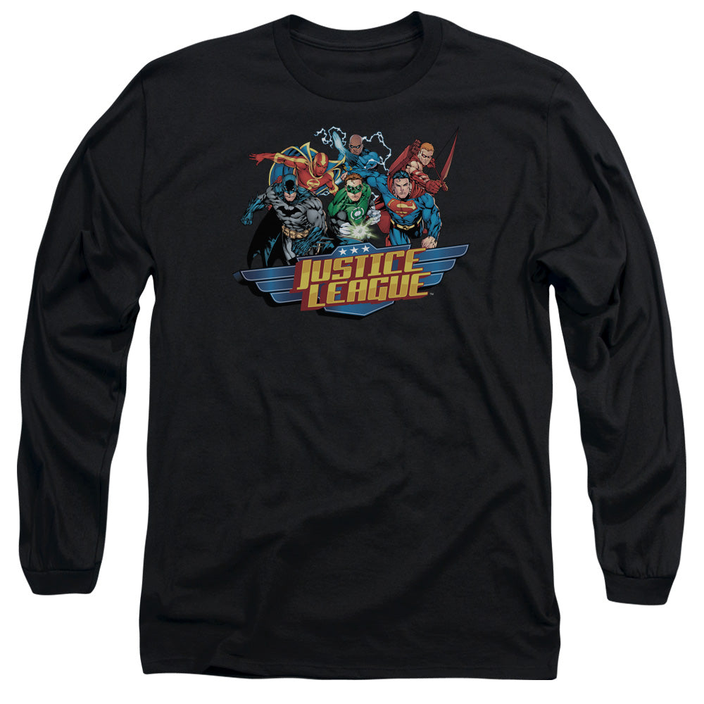 AN OFFCIALLY LICENSED JLA READY TO FIGHT MEN'S LONG SLEEVE T-SHIRT BLACK