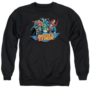 AN OFFCIALLY LICENSED JLA READY TO FIGHT ADULT UNISEX CREWNECK SWEATSHIRT BLACK