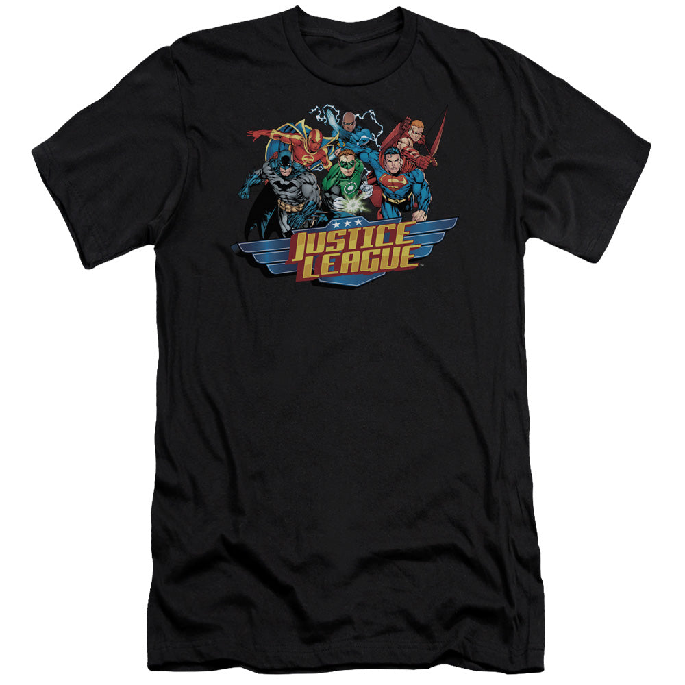 AN OFFCIALLY LICENSED JLA READY TO FIGHT MEN'S PREMIUM SLIM FIT T-SHIRT BLACK