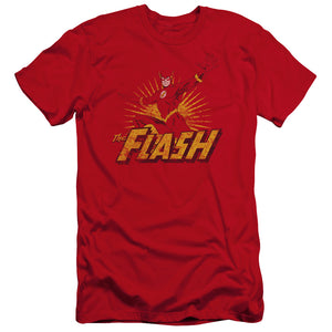 AN OFFCIALLY LICENSED JLA FLASH ROUGH DISTRESS MEN'S PREMIUM SLIM FIT T-SHIRT RED