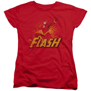AN OFFCIALLY LICENSED JLA FLASH ROUGH DISTRESS WOMEN'S REGULAR FIT T-SHIRT RED