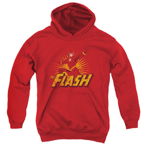 AN OFFCIALLY LICENSED JLA FLASH ROUGH DISTRESS YOUTH HOODIE RED