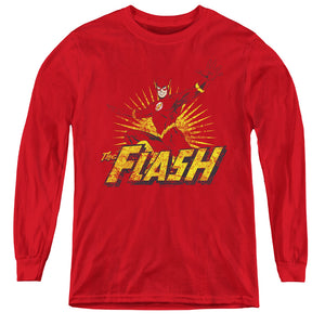 AN OFFCIALLY LICENSED JLA FLASH ROUGH DISTRESS YOUTH LONG SLEEVE T-SHIRT RED