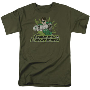 AN OFFCIALLY LICENSED JLA GL ROUGH DISTRESS MEN'S REGULAR FIT T-SHIRT MILITARY GREEN