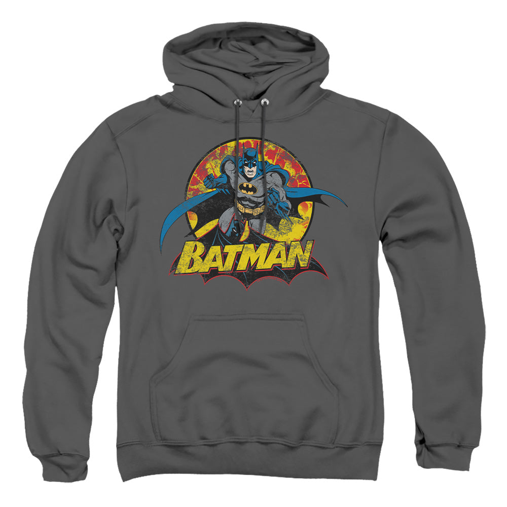 AN OFFCIALLY LICENSED JLA BATMAN ROUGH DISTRESS ADULT UNISEX PULLOVER HOODIE CHARCOAL