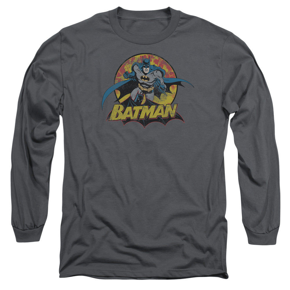 AN OFFCIALLY LICENSED JLA BATMAN ROUGH DISTRESS MEN'S LONG SLEEVE T-SHIRT CHARCOAL