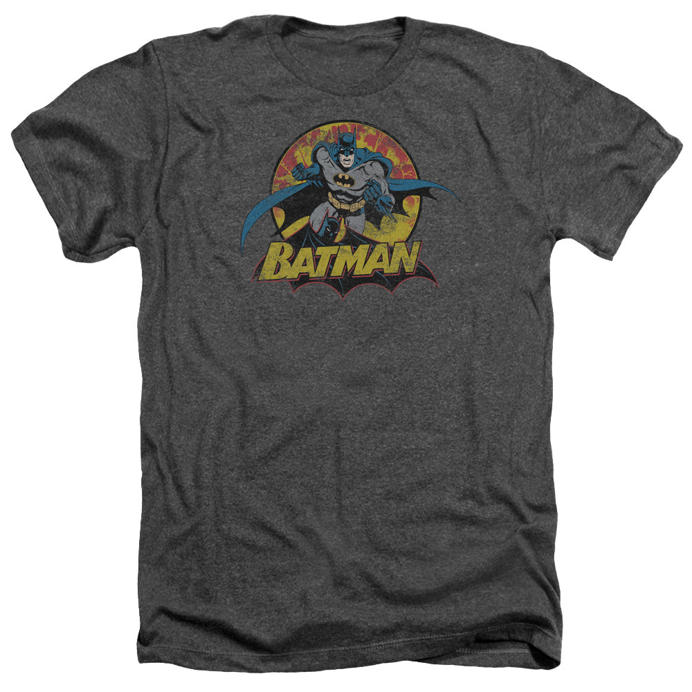 AN OFFCIALLY LICENSED JLA BATMAN ROUGH DISTRESS MEN'S HEATHER T-SHIRT CHARCOAL