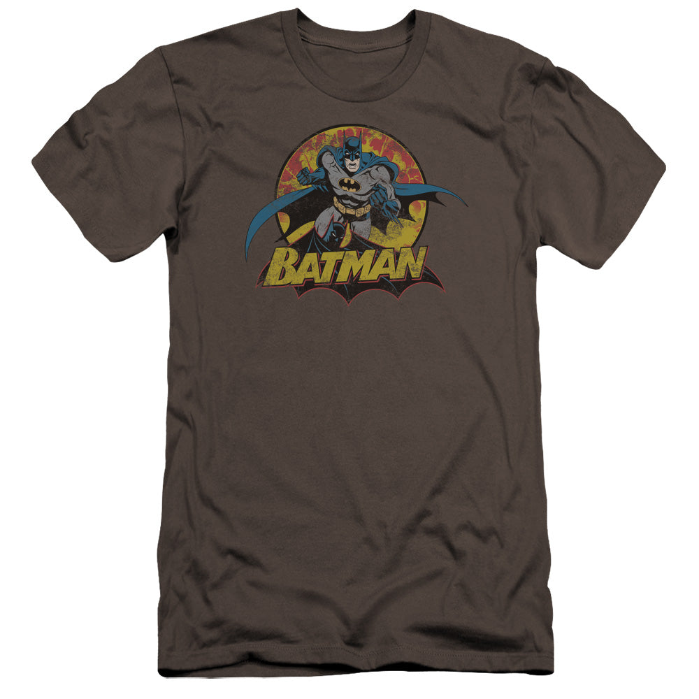 AN OFFCIALLY LICENSED JLA BATMAN ROUGH DISTRESS MEN'S PREMIUM SLIM FIT T-SHIRT CHARCOAL