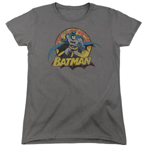 AN OFFCIALLY LICENSED JLA BATMAN ROUGH DISTRESS WOMEN'S REGULAR FIT T-SHIRT CHARCOAL