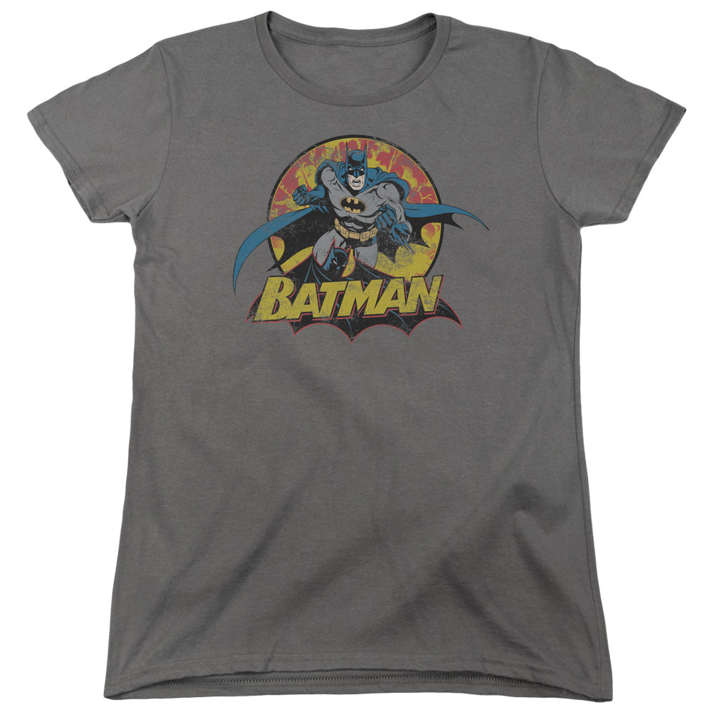 AN OFFCIALLY LICENSED JLA BATMAN ROUGH DISTRESS WOMEN'S REGULAR FIT T-SHIRT CHARCOAL