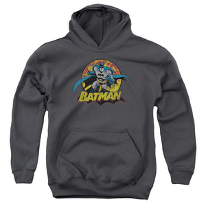 AN OFFCIALLY LICENSED JLA BATMAN ROUGH DISTRESS YOUTH HOODIE CHARCOAL