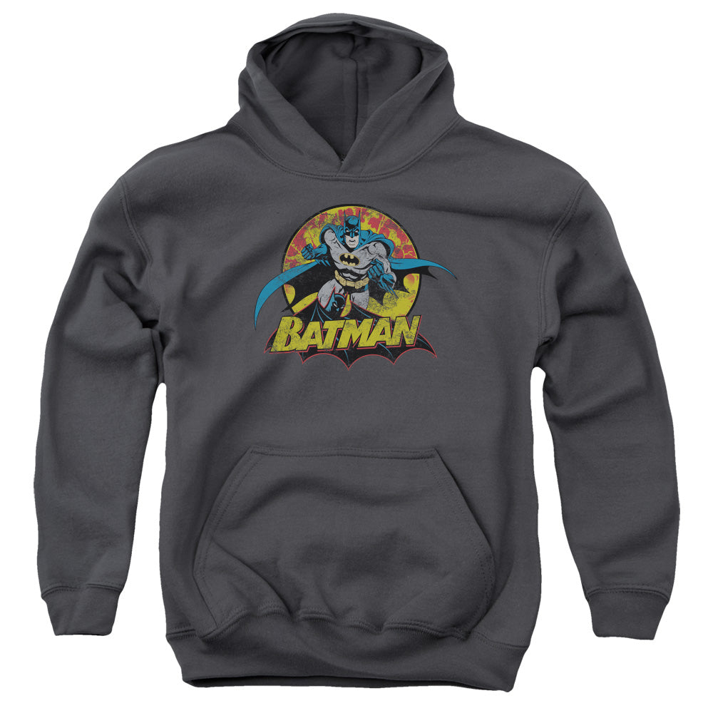 AN OFFCIALLY LICENSED JLA BATMAN ROUGH DISTRESS YOUTH HOODIE CHARCOAL
