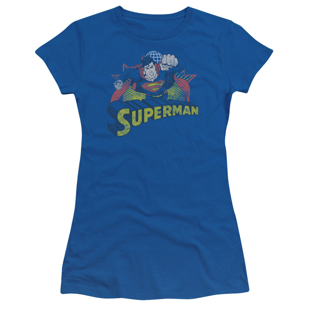 JLA Superman Rough Distress Licensed Women's T-Shirt Juniors MD-XL